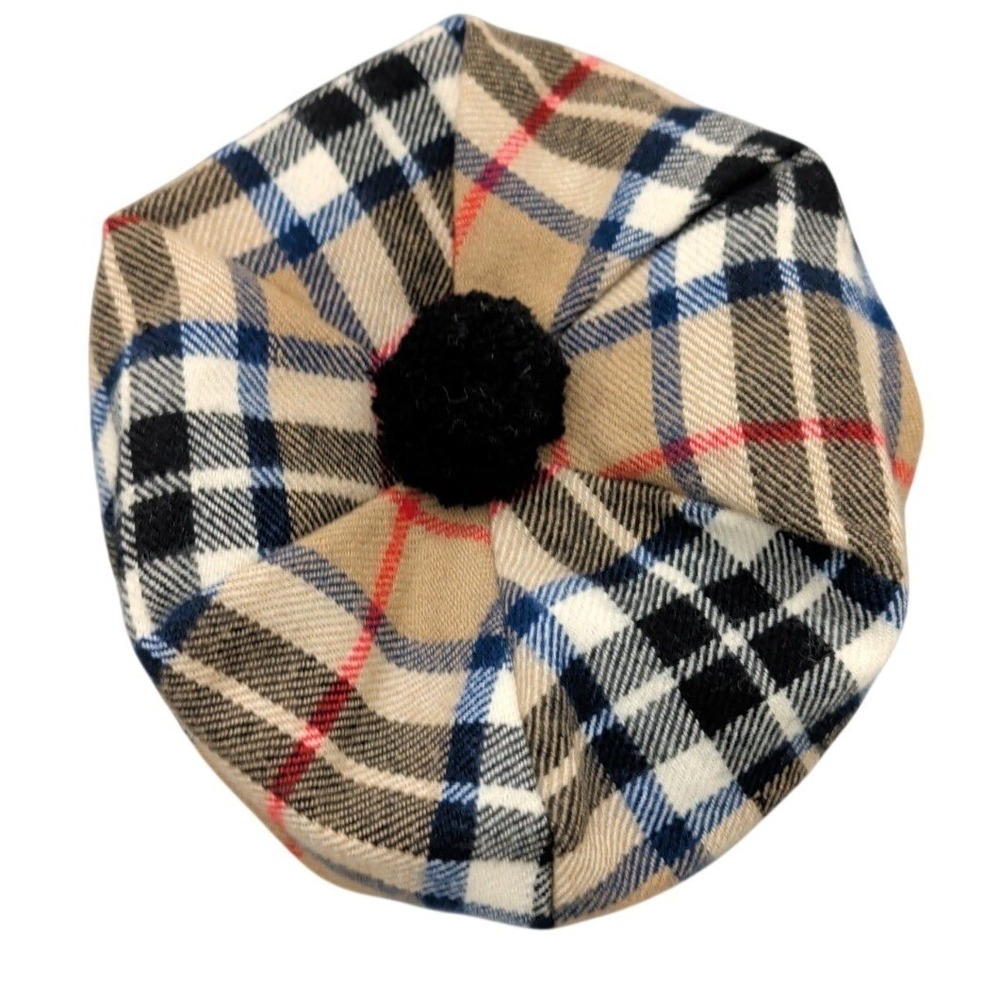 Lochcarron of Scotland Wool Tartan Tam O' Shanter Beret Hat Beige Blue Plaid